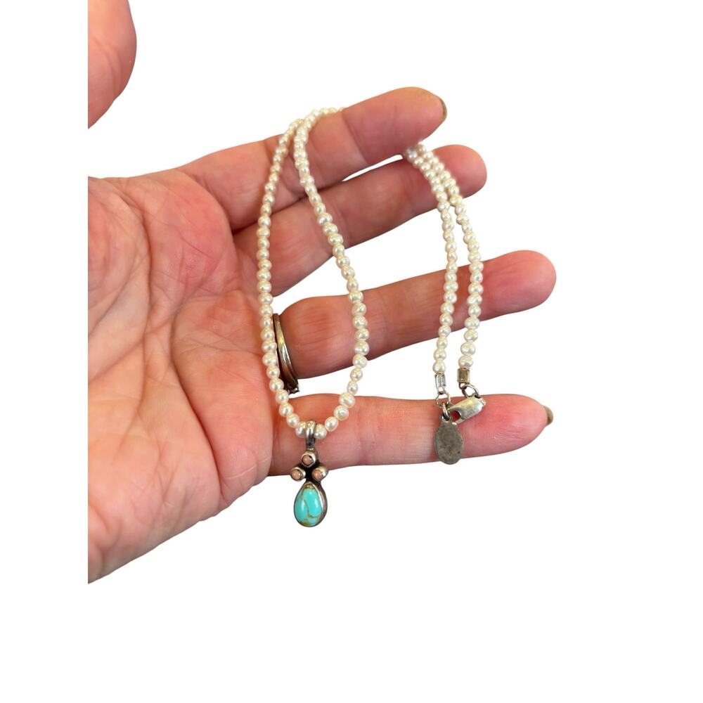 Tiny Pearl Turquoise Pendant Necklace Southwestern F.L.D. Signed 16” - Picture 2 of 6